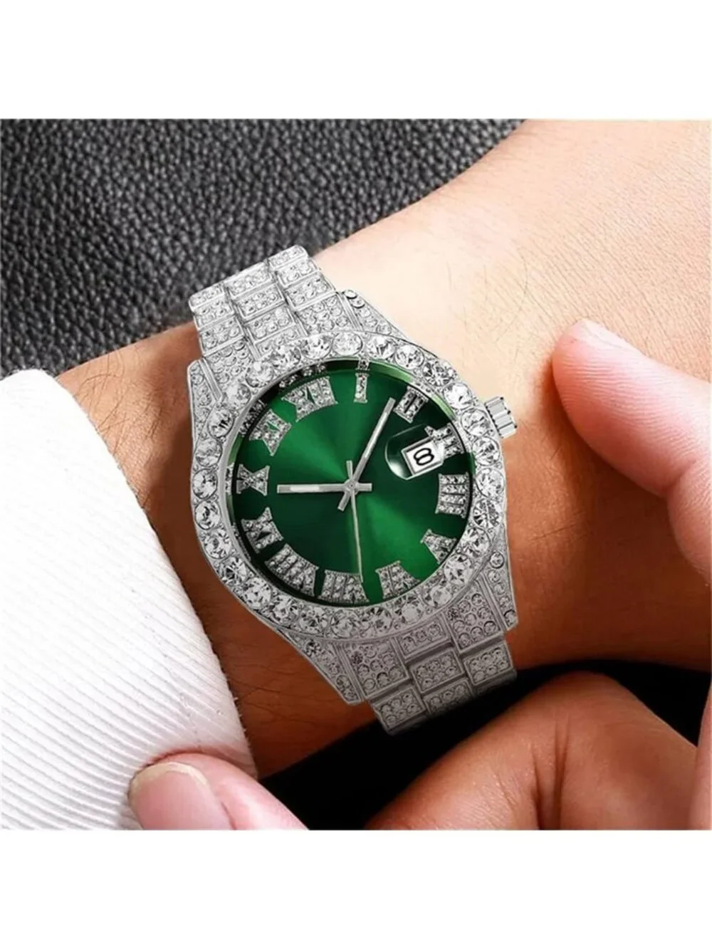 Men Silver Green Analog Crystal Rhinestone Diamond Iced-Out Bracelet Wrist Watch